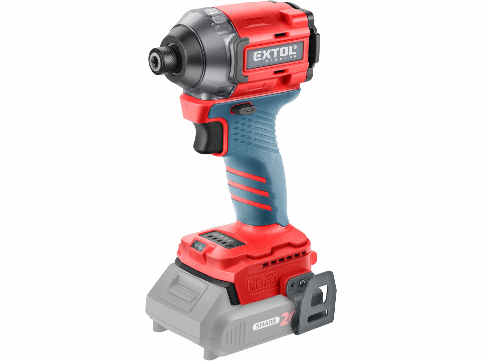 Utahovák rázový aku Share20V, bez aku, 1/4" šestihran na bity, 230Nm, bezuhlíkový motor