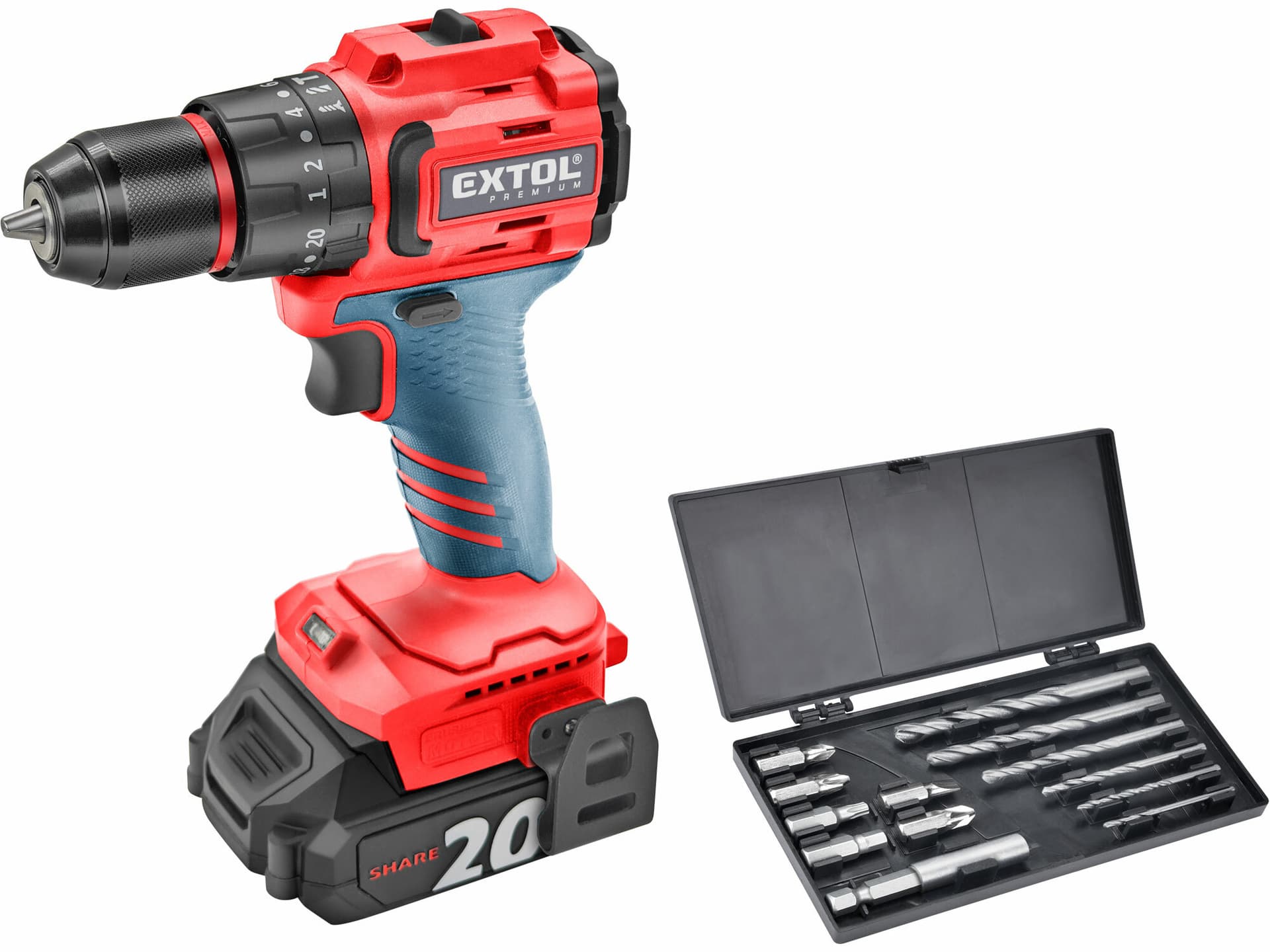 Vrtačka s příklepem aku kompaktní Share20V, 2x 2Ah, 50Nm, bezuhlíkový motor