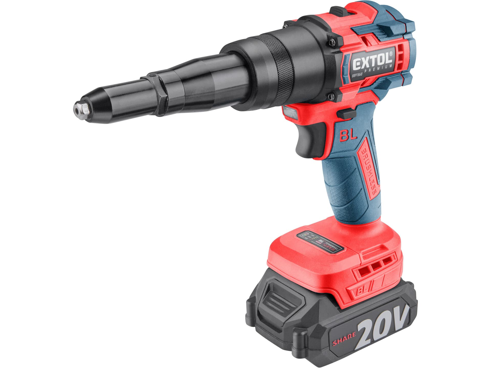 Pistole nýtovací aku Share20V, 1x 2Ah, 3,2-4,8mm, 12000N, délka tahu 16mm