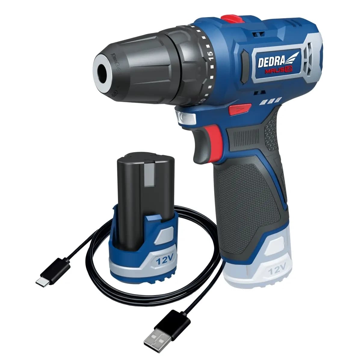 Sada 12 V DED7330 vrtačka + DED7300 USB/C + DED7320 2,0 Ah